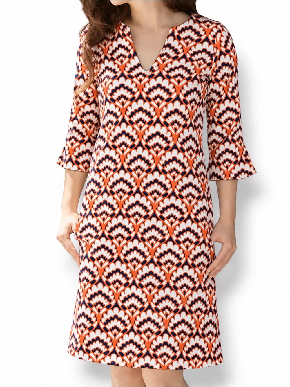 Lesley Evers MAEVE Dress Geo Shell Orange Navy Size OneX US 18